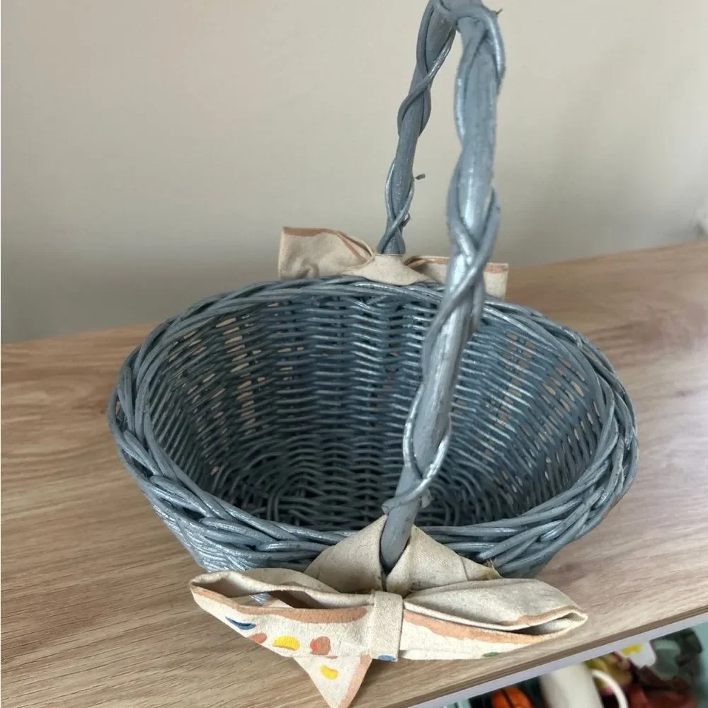 Vintage Woven Wicker Basket with Bow - Blue and Multicolor